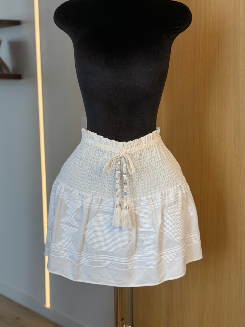 Zara White Smocked Mini Skirt with Tassel Detail